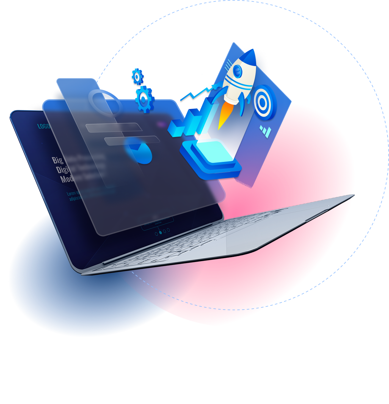 Digital services - laptop with rocket launch and analytics